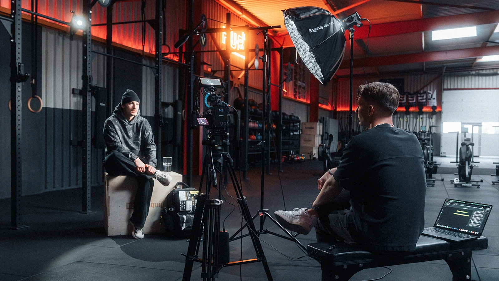 Wide behind the scenes shot of the Beyond Performance documentary set, showing the production environment and atmosphere during the one-day shoot in Switzerland